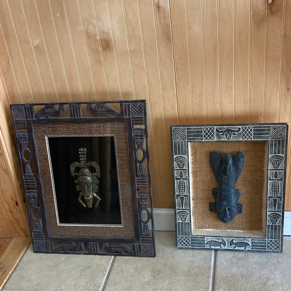 Handcrafted Brown Wood Framed African Mask Wall Art